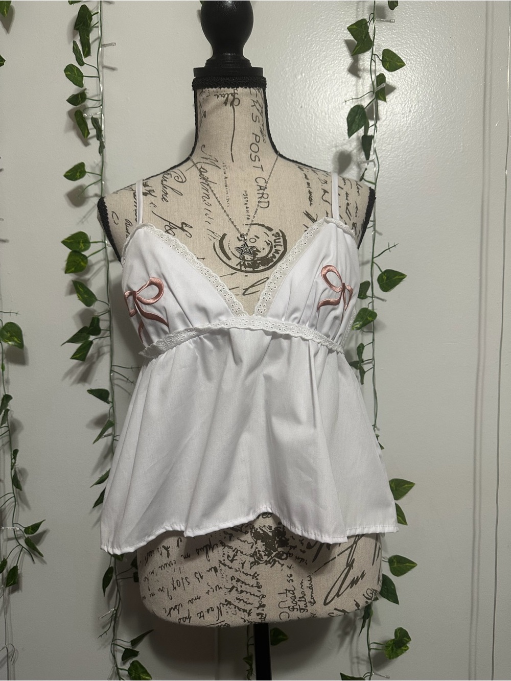 Classic White Lace-Trim Camisole with Pink Ribbon Detail